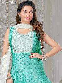 Chanderi readymade party anarkali salwar suit light blue and off white with allover butta prints & embroidery sequin work neck pattern and straight cut pant & sequin work dupatta