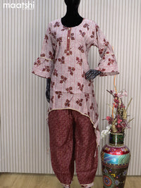 Muslin readymade co-ord set grey shade and maroon with allover butta prints & gottapatti lace work neck pattern and straight cut pant