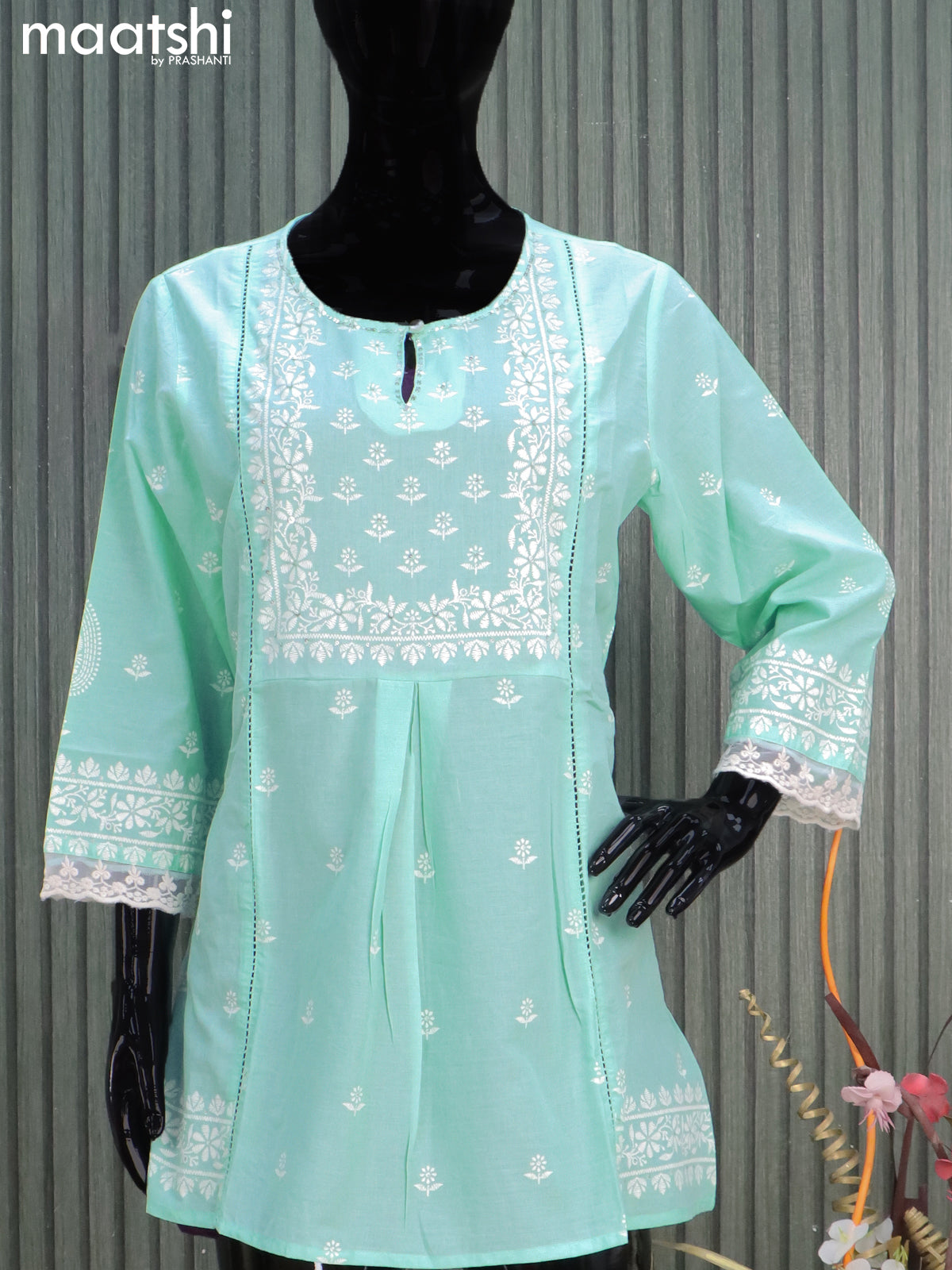 Cotton readymade short kurti light blue with butta prints & sequin work neck pattern without pant