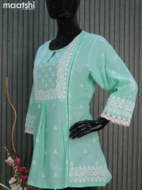 Cotton readymade short kurti light blue with butta prints & sequin work neck pattern without pant