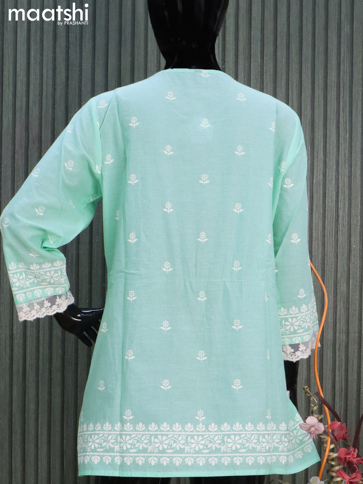 Cotton readymade short kurti light blue with butta prints & sequin work neck pattern without pant