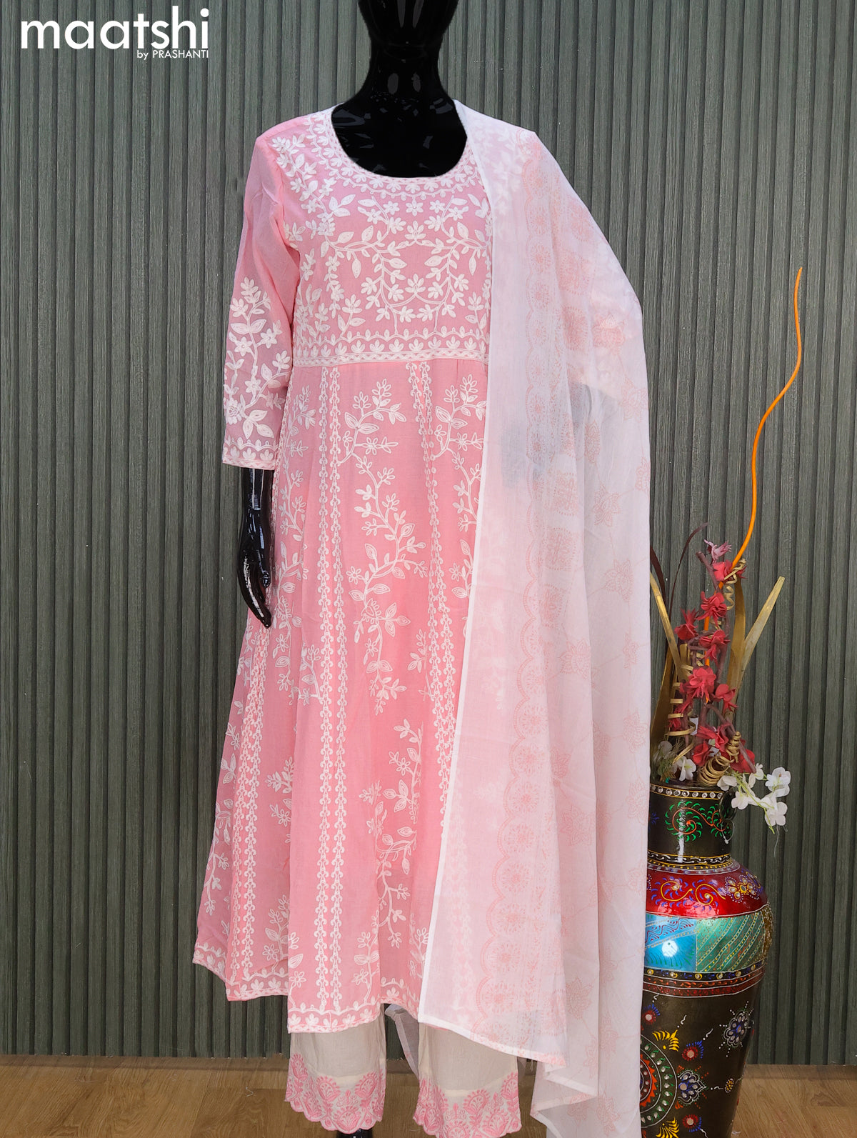 Cotton readymade anarkali salwar suits peach pink and off white with allover embroidery work and straight cut pant & chiffon printed dupatta