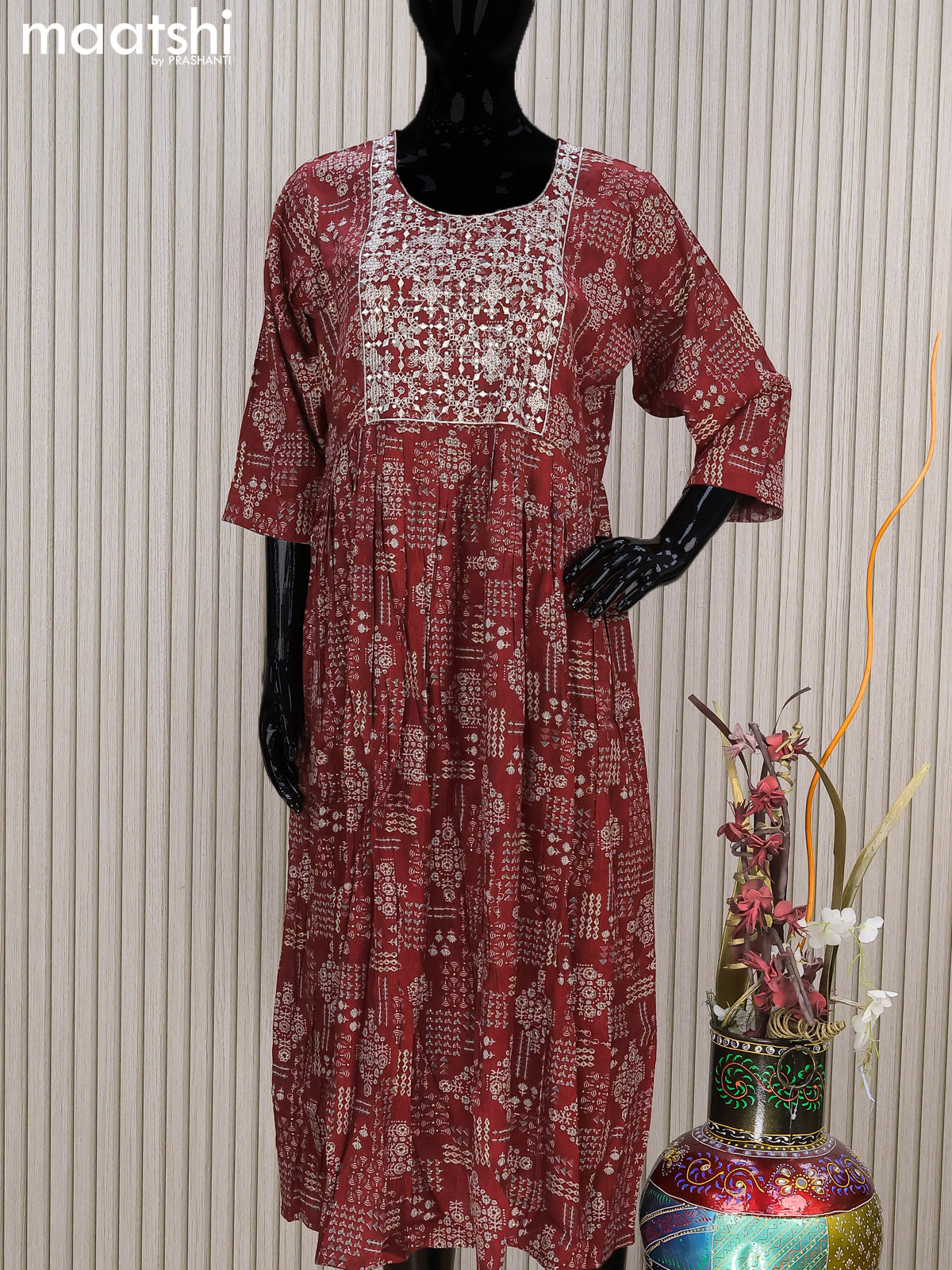 Rayon readymade umbrella kurti maroon with allover prints & embroidery sequin work neck pattern without pant