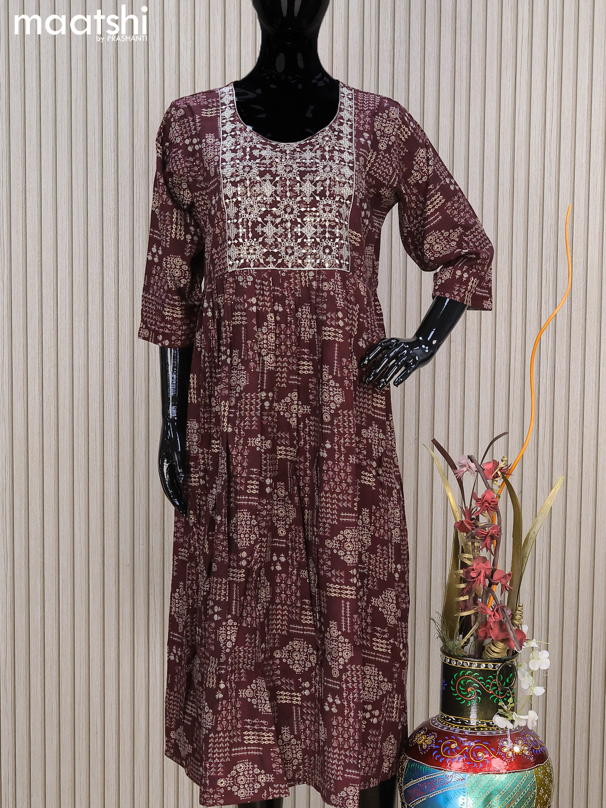 Rayon readymade umbrella kurti deep maroon with allover prints & embroidery sequin work neck pattern without pant