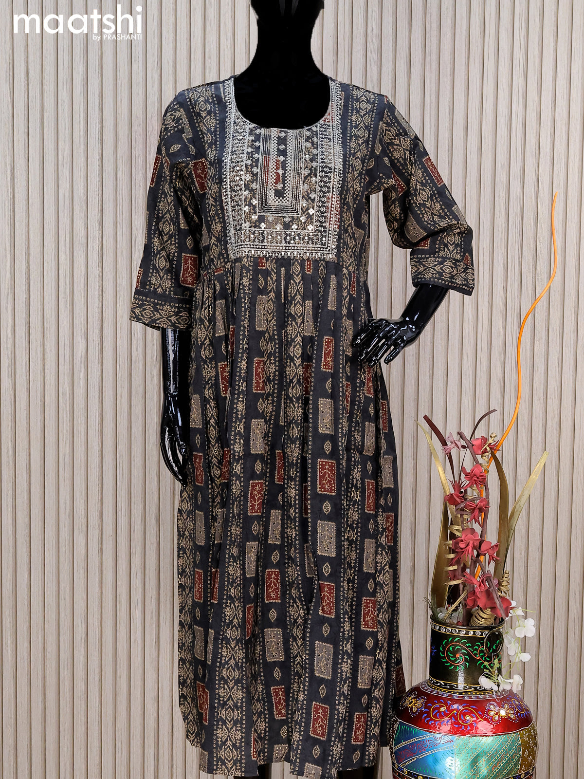 Rayon readymade umbrella kurti elephant grey with allover prints & embroidery sequin work neck pattern without pant