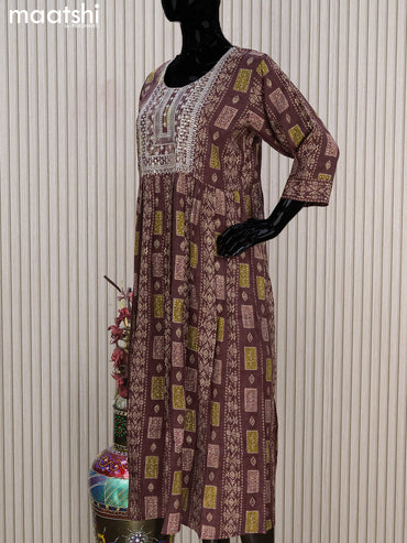 Rayon readymade umbrella kurti maroon with allover prints & embroidery sequin work neck pattern without pant