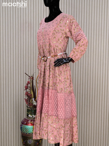 Rayon readymade umbrella kurti peach pink with allover prints & beaded lace work neck pattern without pant