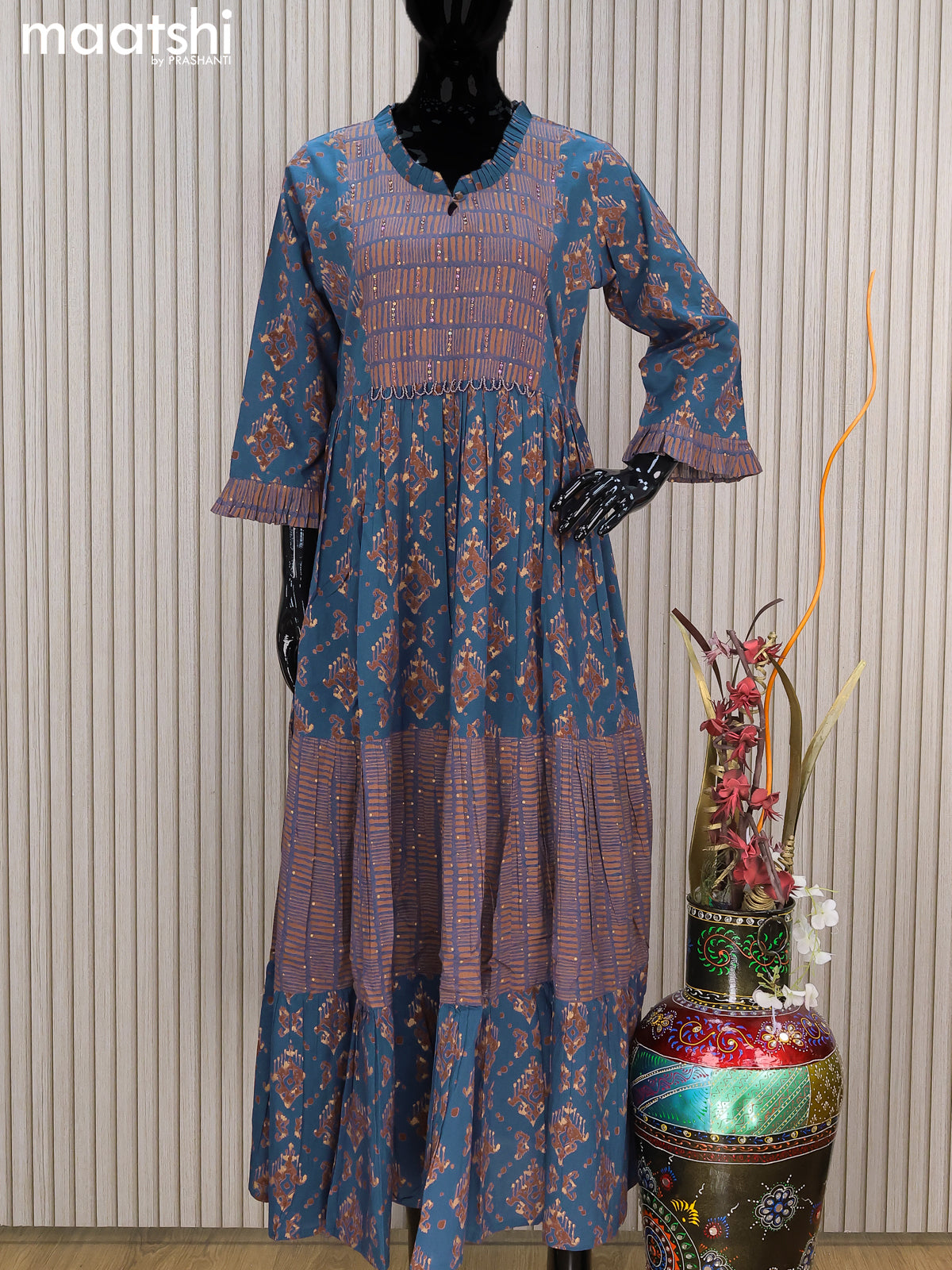 Cotton readymade umbrella kurti indigo blue with allover prints & beaded sequin work neck pattern without pant