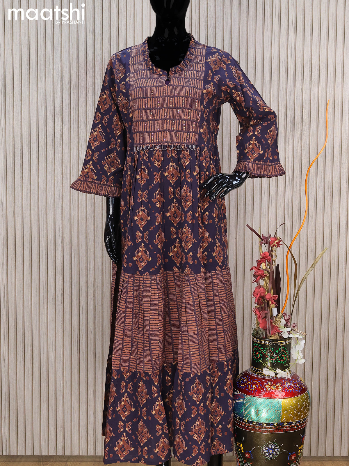 Cotton readymade umbrella kurti navy blue with allover prints & beaded sequin work neck pattern without pant