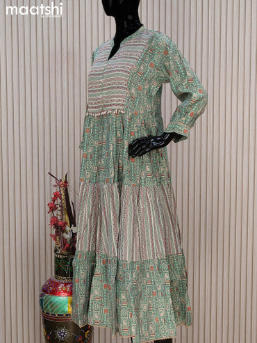 Modal readymade umbrella kurti pastel green with allover prints & beaded work neck pattern without pant