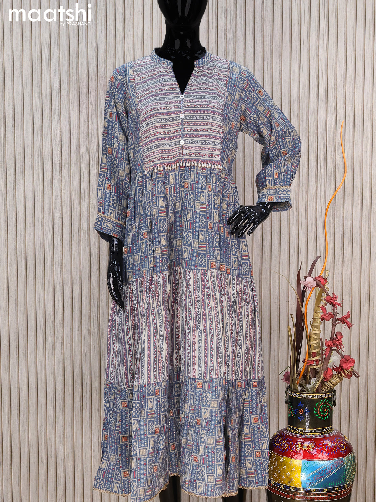 Modal readymade umbrella kurti pastel blue with allover prints & beaded work neck pattern without pant