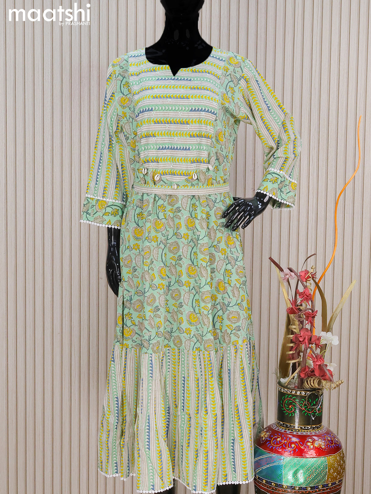 Cotton readymade umbrella kurti teal green with allover prints & sequin work neck pattern without pant