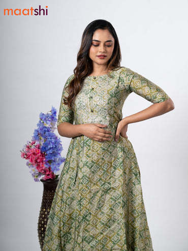 Modal anarkali kurti green shade and grey with allover prints & simple neck pattern without pant