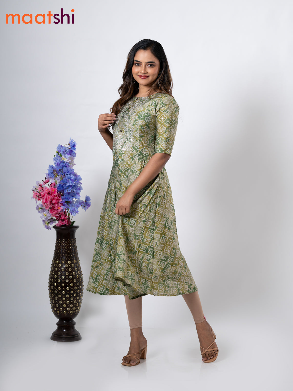 Modal anarkali kurti green shade and grey with allover prints & simple neck pattern without pant