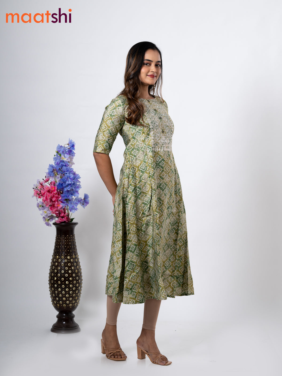 Modal anarkali kurti green shade and grey with allover prints & simple neck pattern without pant