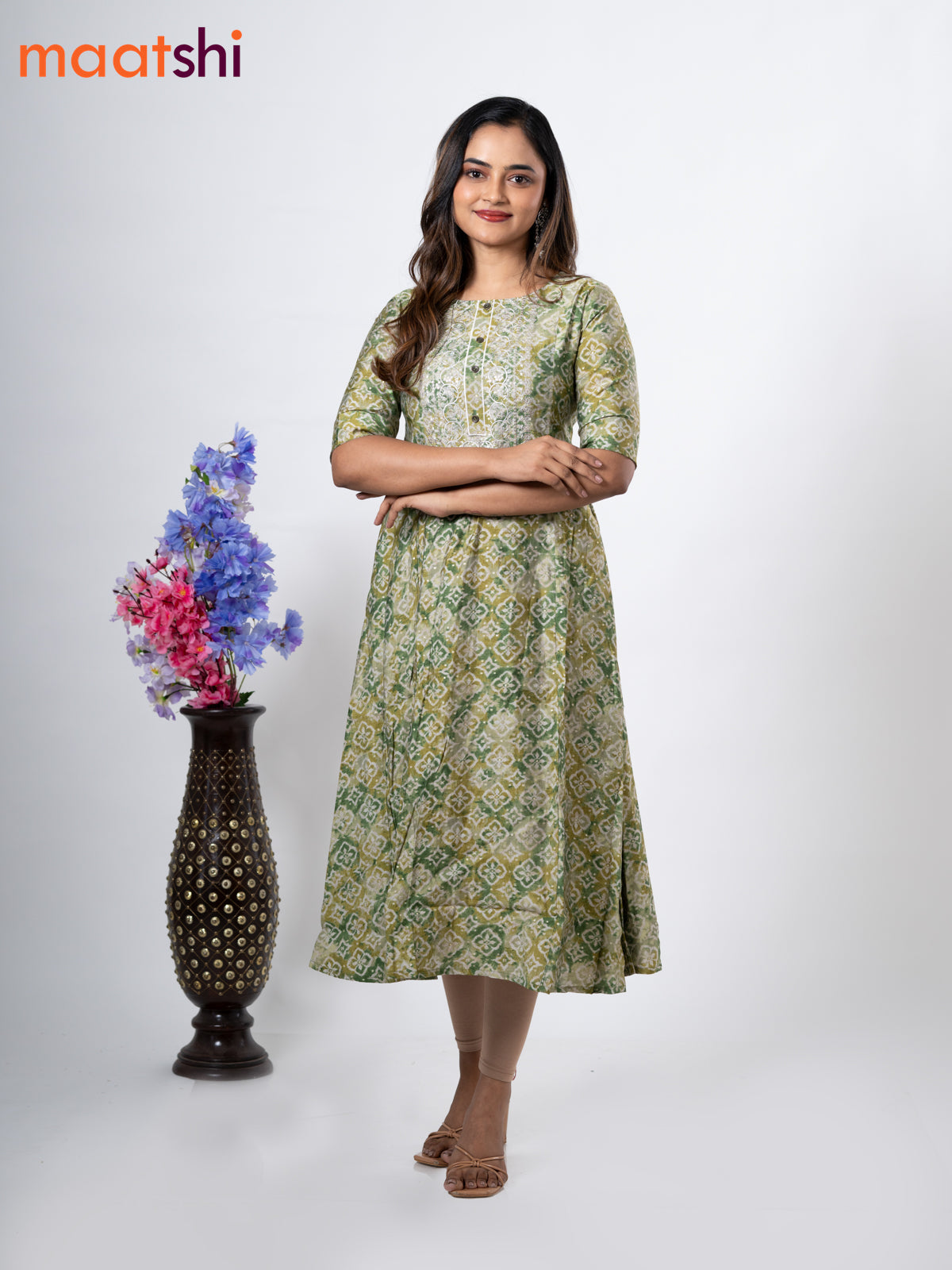 Modal anarkali kurti green shade and grey with allover prints & simple neck pattern without pant