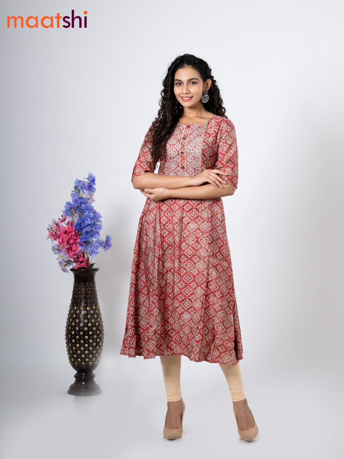 Modal anarkali kurti red shade and grey with allover prints & simple neck pattern without pant