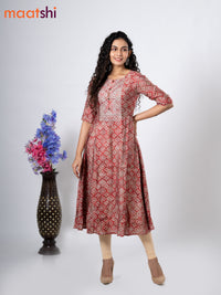 Modal anarkali kurti red shade and grey with allover prints & simple neck pattern without pant