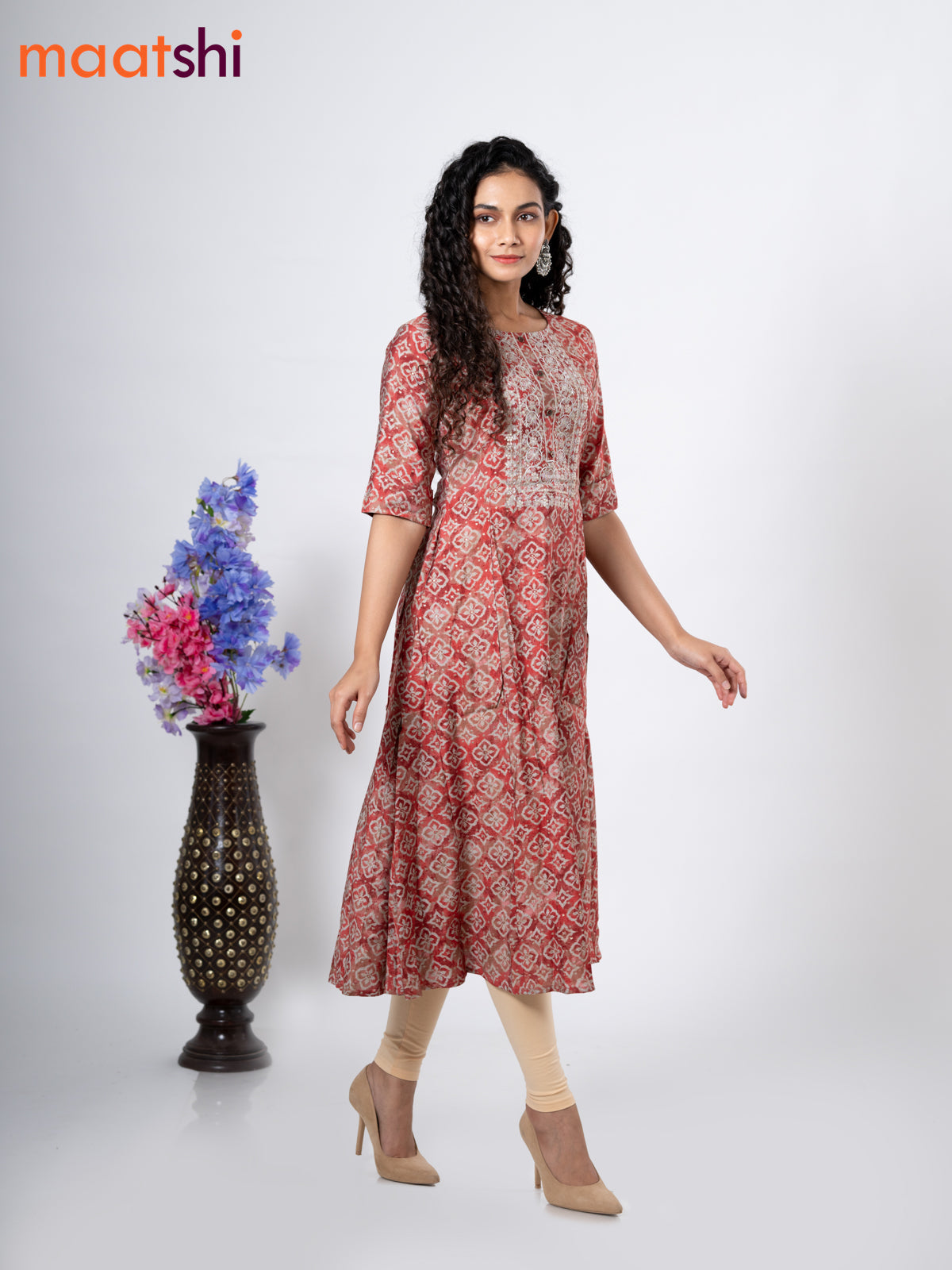 Modal anarkali kurti red shade and grey with allover prints & simple neck pattern without pant