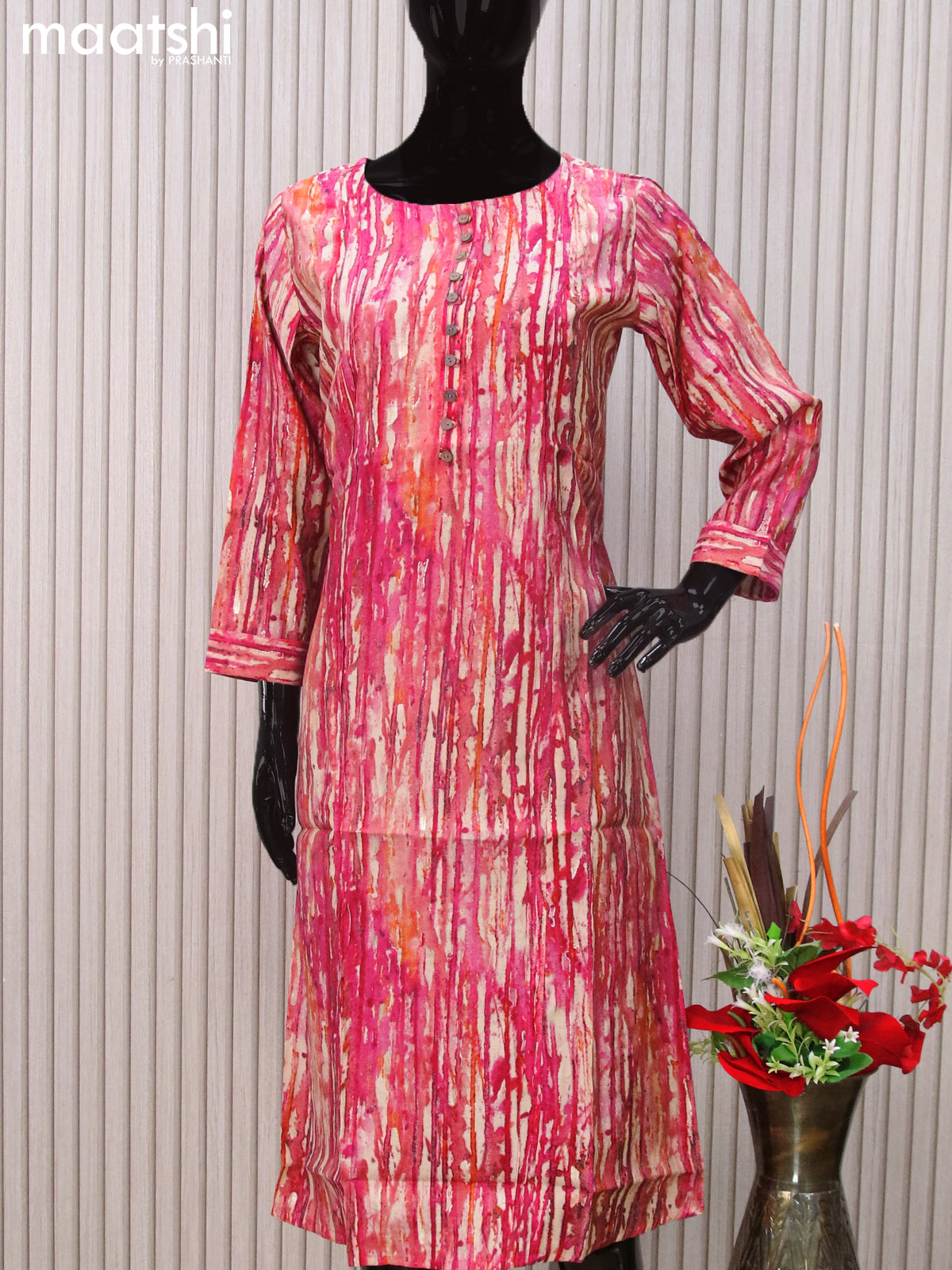 Modal readymade A-line kurti pink with allover prints & simple neck pattern without pant