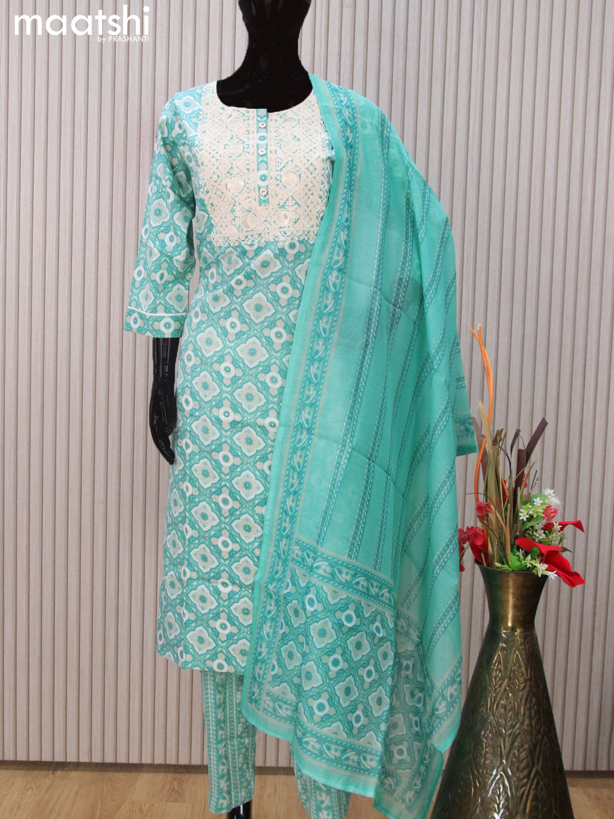 Cotton readymade salwar suits teal blue with allover prints & embroidery work neck pattern and straight cut pant & dupatta