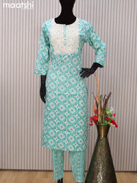 Cotton readymade salwar suits teal blue with allover prints & embroidery work neck pattern and straight cut pant & dupatta