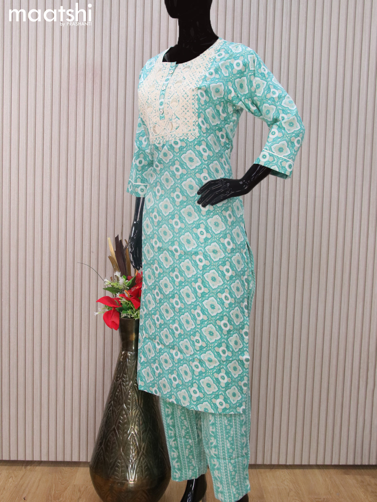 Cotton readymade salwar suits teal blue with allover prints & embroidery work neck pattern and straight cut pant & dupatta