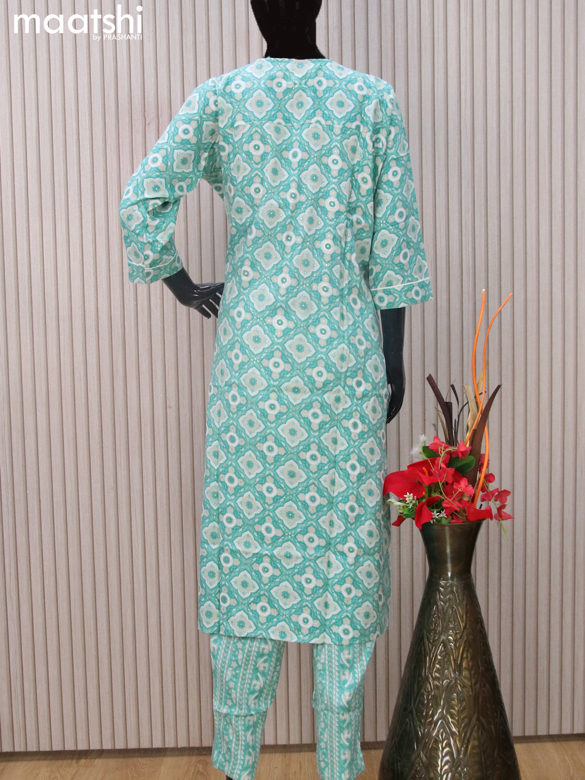 Cotton readymade salwar suits teal blue with allover prints & embroidery work neck pattern and straight cut pant & dupatta