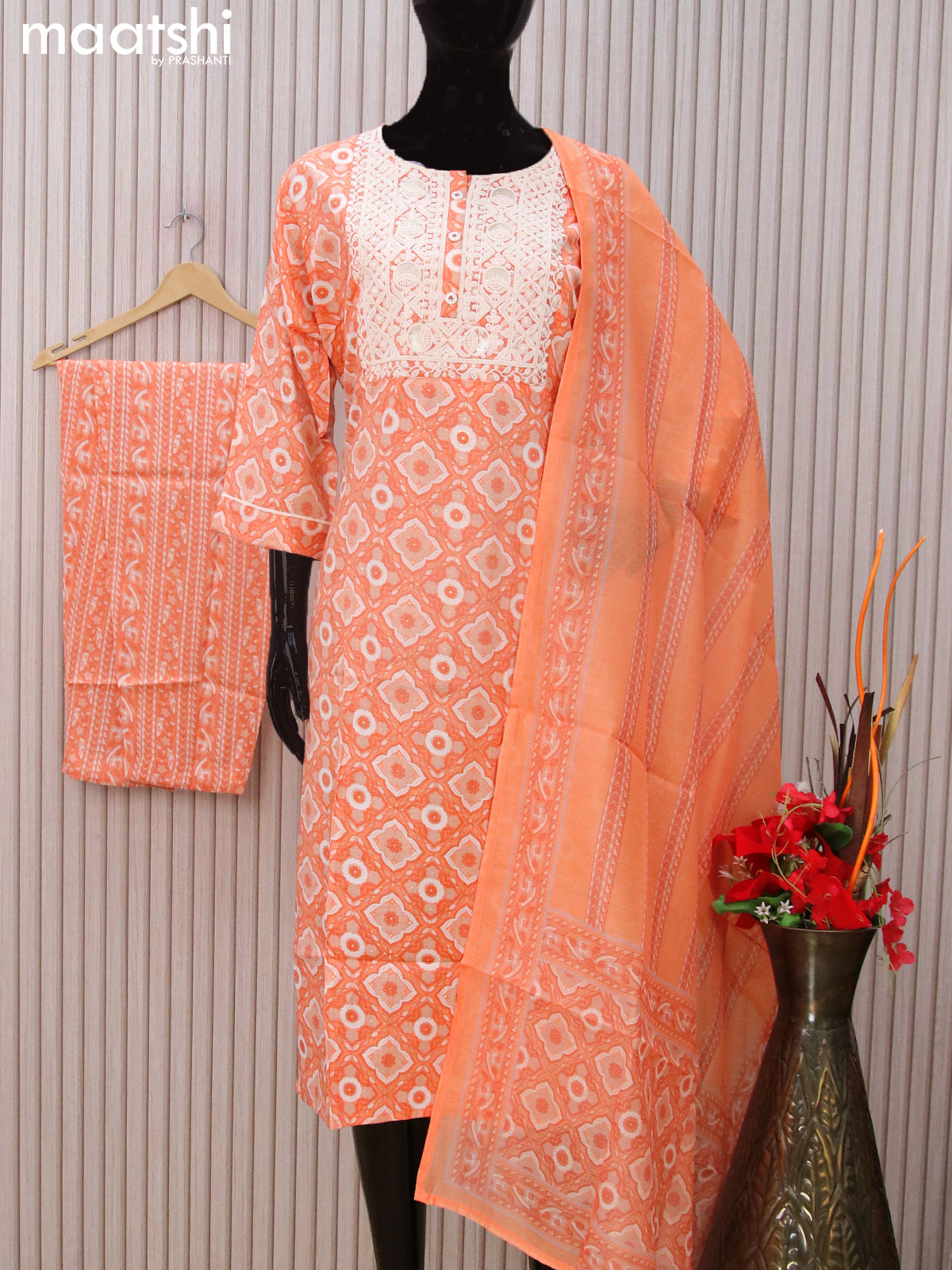 Cotton readymade salwar suits orange with allover prints & embroidery work neck pattern and straight cut pant & dupatta