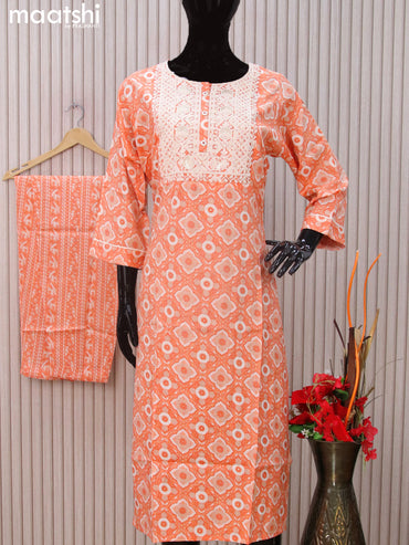 Cotton readymade salwar suits orange with allover prints & embroidery work neck pattern and straight cut pant & dupatta