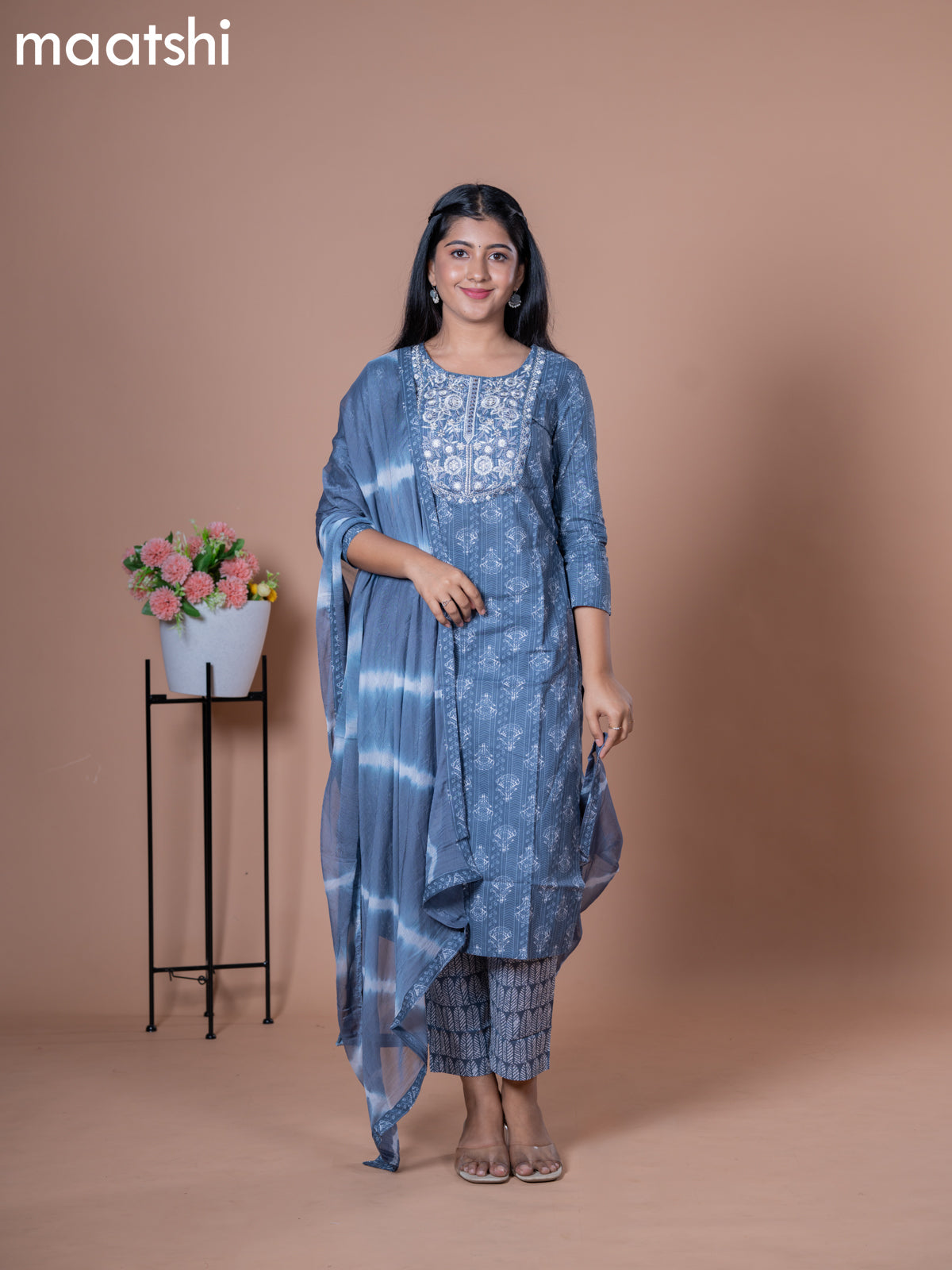 Cotton readymade salwar suits blue with allover prints & embroidery work neck pattern and straight cut pant & chiffon dupatta