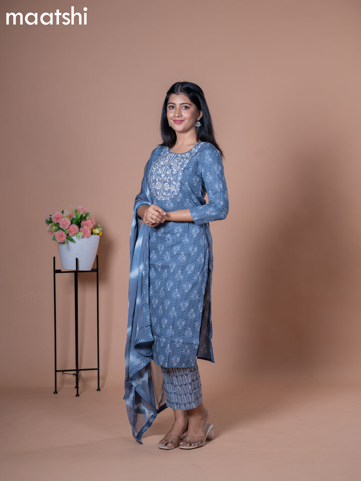 Cotton readymade salwar suits blue with allover prints & embroidery work neck pattern and straight cut pant & chiffon dupatta