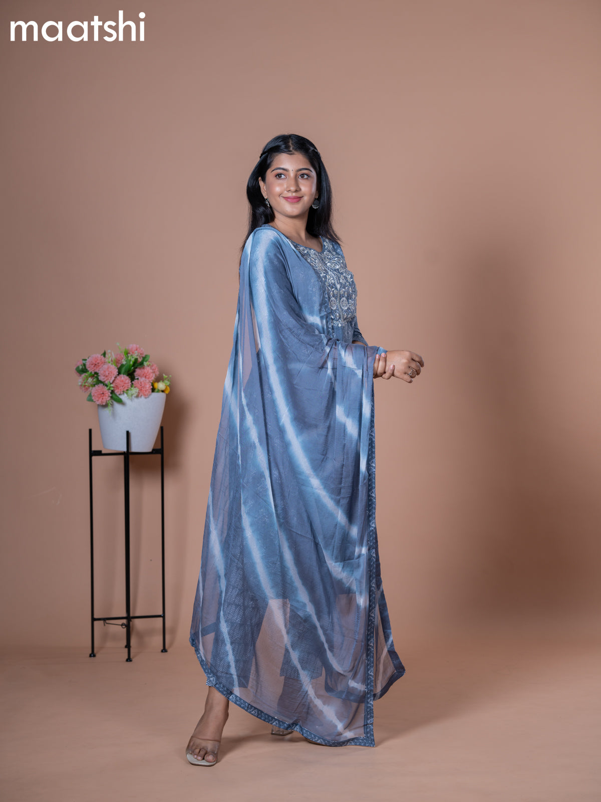 Cotton readymade salwar suits blue with allover prints & embroidery work neck pattern and straight cut pant & chiffon dupatta