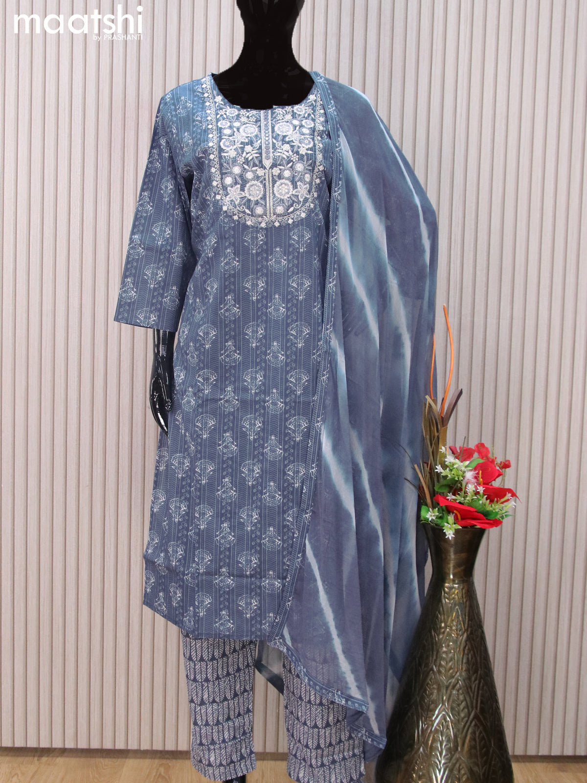 Cotton readymade salwar suits blue with allover prints & embroidery work neck pattern and straight cut pant & chiffon dupatta