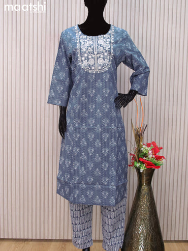 Cotton readymade salwar suits blue with allover prints & embroidery work neck pattern and straight cut pant & chiffon dupatta