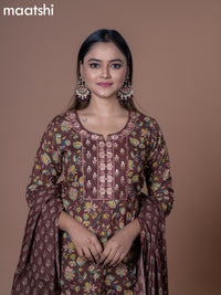 Cotton readymade salwar suits brown with allover prints & embroidery work neck pattern and straight cut pant & dupatta