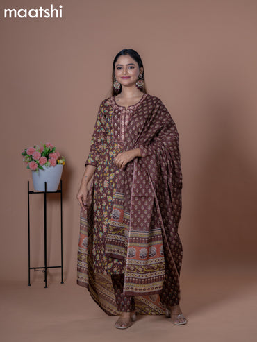 Cotton readymade salwar suits brown with allover prints & embroidery work neck pattern and straight cut pant & dupatta