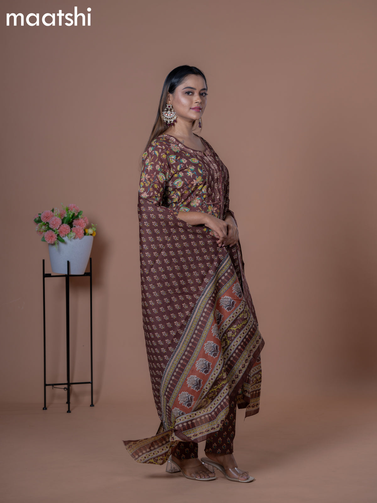 Cotton readymade salwar suits brown with allover prints & embroidery work neck pattern and straight cut pant & dupatta