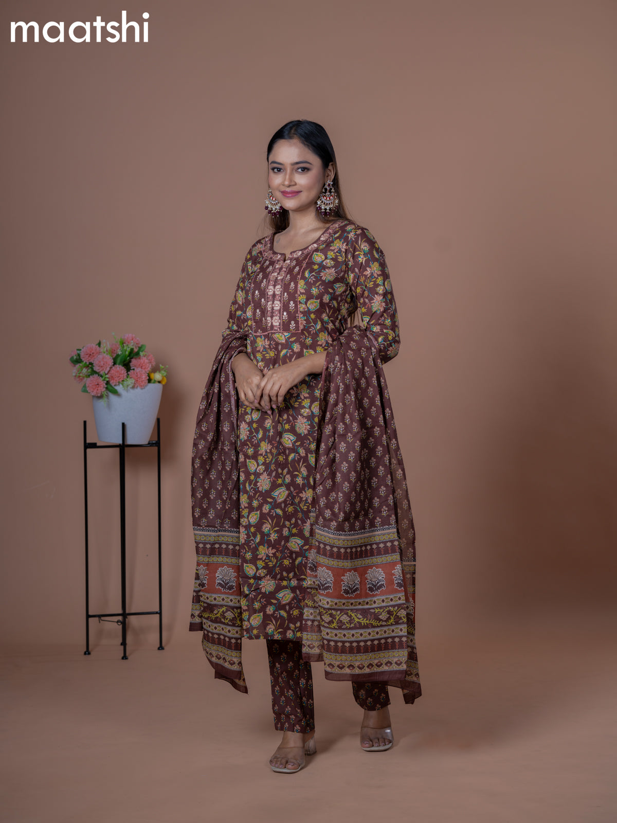 Cotton readymade salwar suits brown with allover prints & embroidery work neck pattern and straight cut pant & dupatta