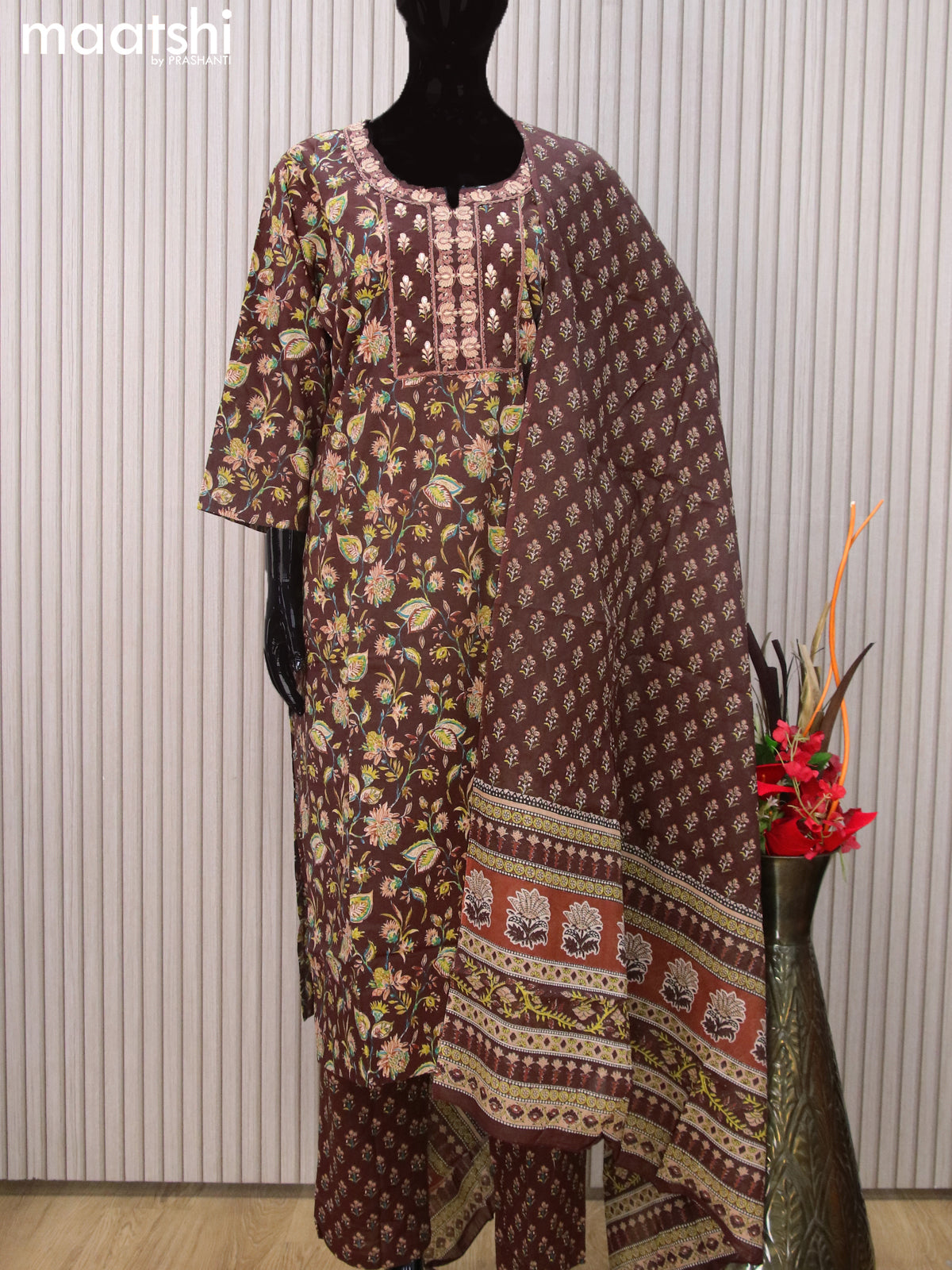 Cotton readymade salwar suits brown with allover prints & embroidery work neck pattern and straight cut pant & dupatta