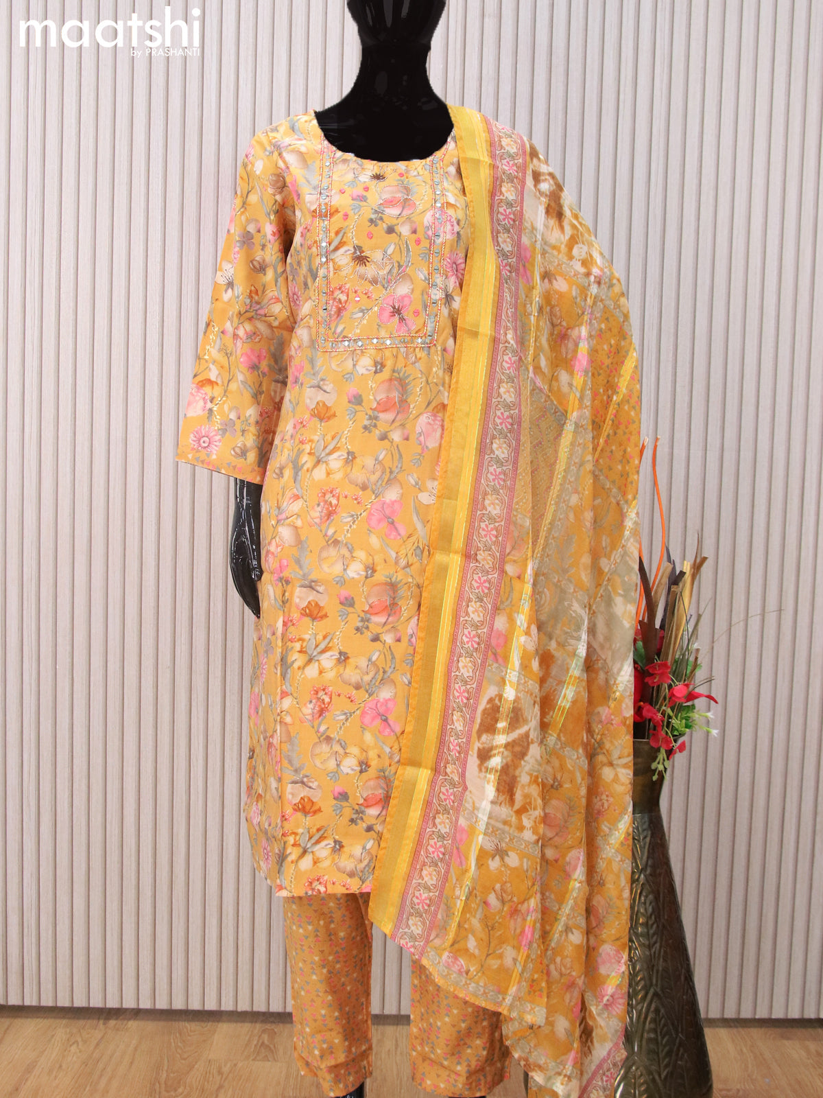 Modal readymade salwar suits yellow with allover prints & embroidery mirror work neck pattern and straight cut pant & dupatta