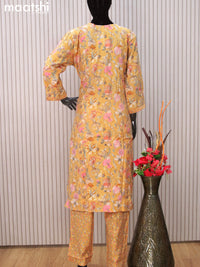 Modal readymade salwar suits yellow with allover prints & embroidery mirror work neck pattern and straight cut pant & dupatta