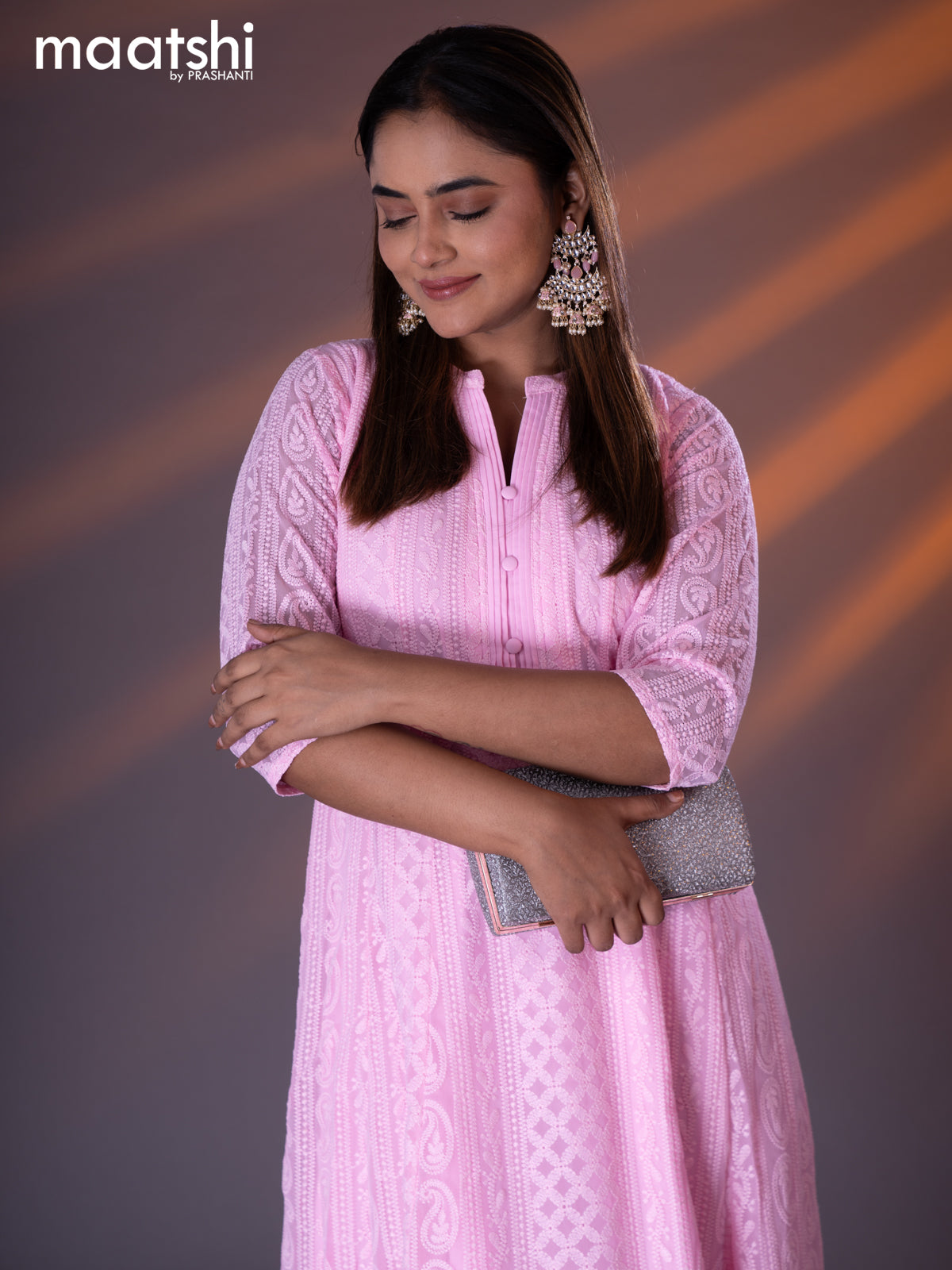 Semi georgette anarkali kurti light pink with allover chikankari work & simple neck pattern without pant