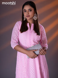 Semi georgette anarkali kurti light pink with allover chikankari work & simple neck pattern without pant