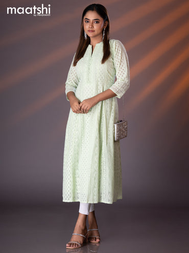 Semi georgette anarkali kurti pista green with allover chikankari work & simple neck pattern without pant