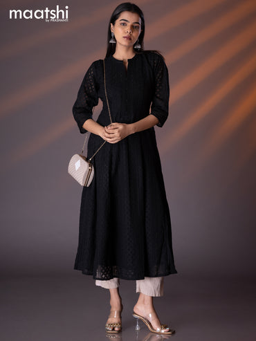 Semi georgette anarkali kurti black with allover chikankari work & simple neck pattern without pant