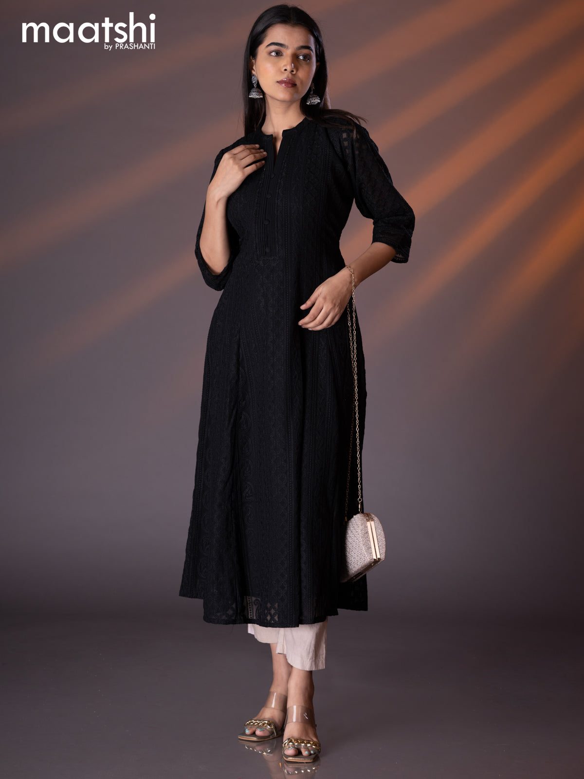 Semi georgette anarkali kurti black with allover chikankari work & simple neck pattern without pant