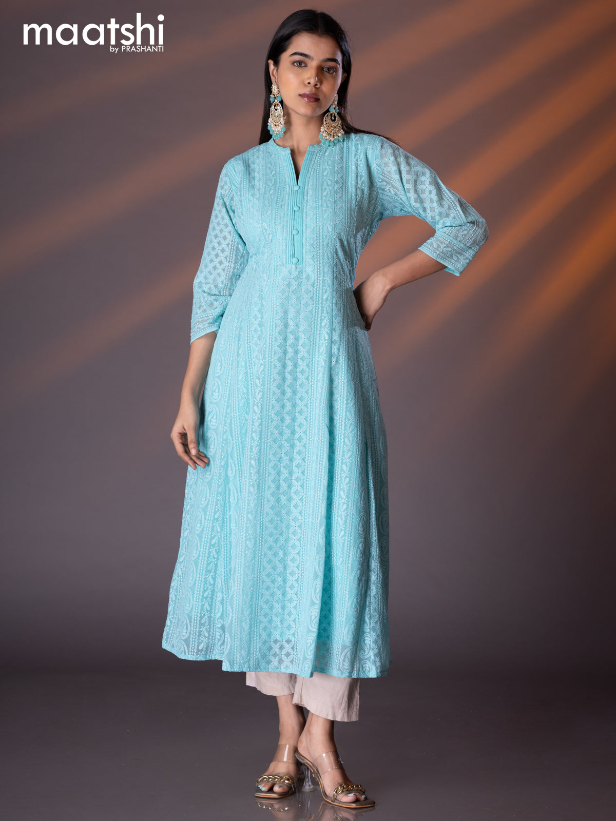 Semi georgette anarkali kurti light blue with allover chikankari work & simple neck pattern without pant