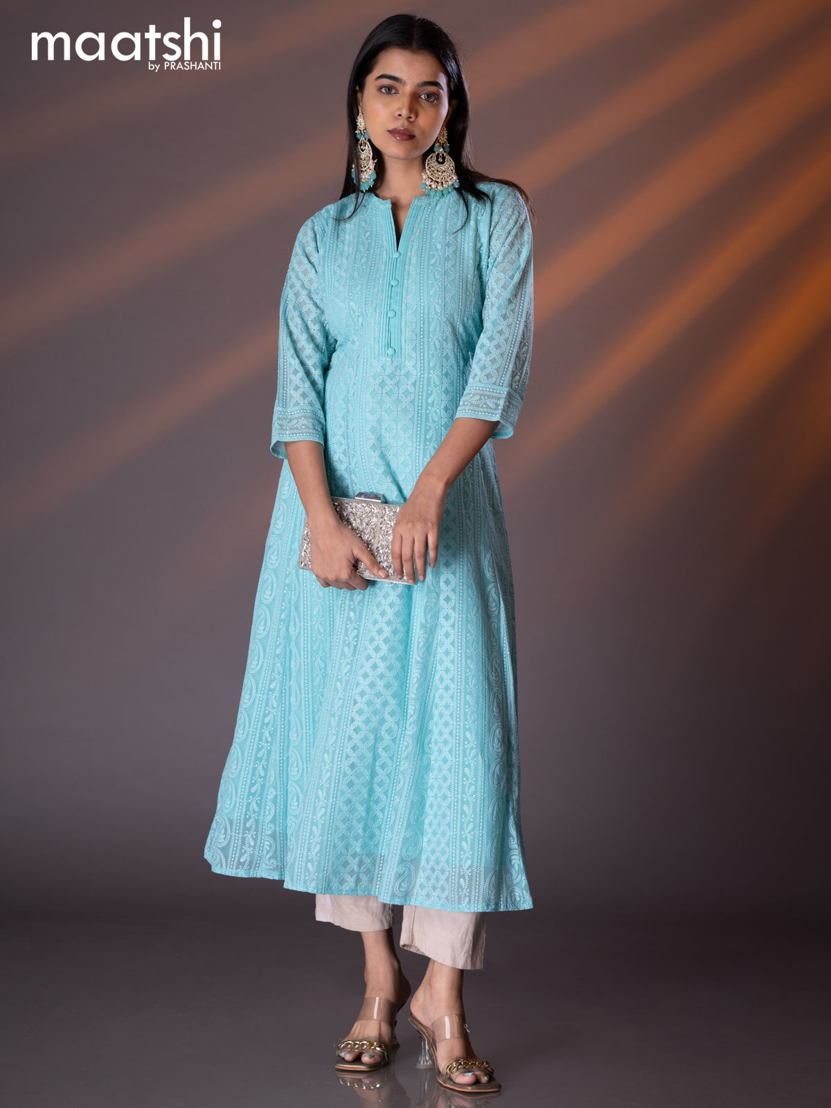 Semi georgette anarkali kurti light blue with allover chikankari work & simple neck pattern without pant