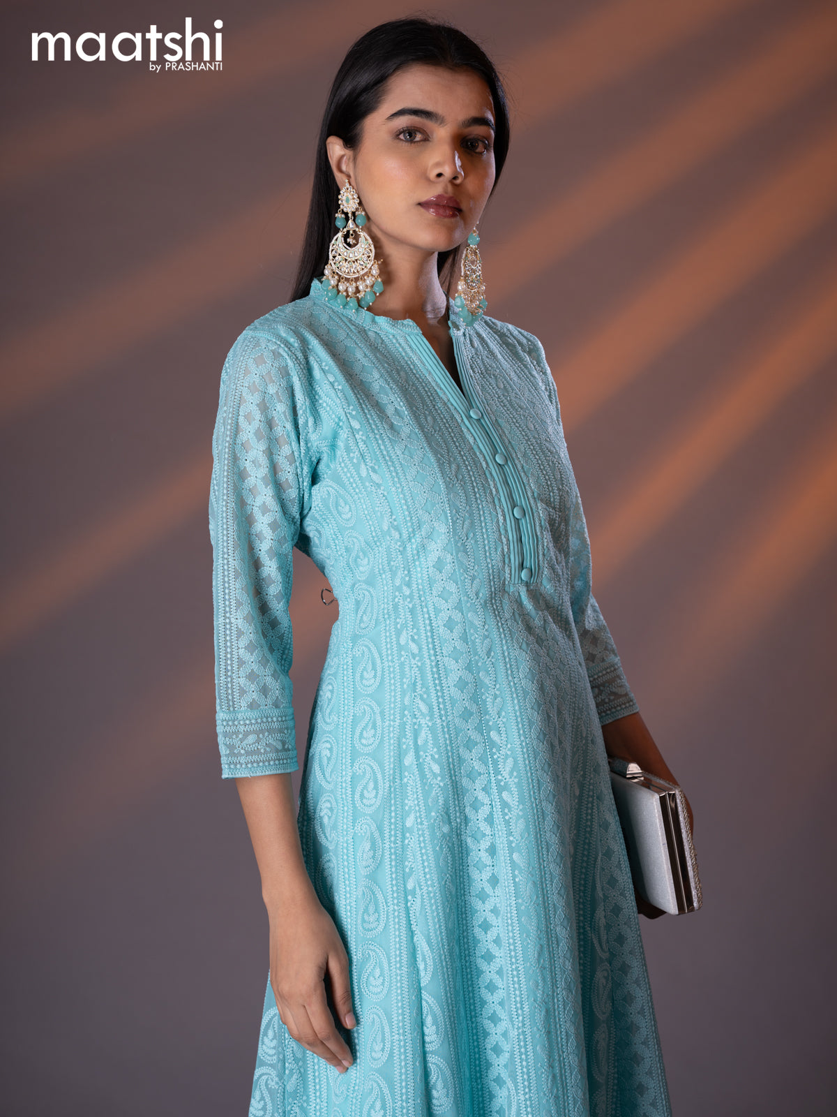 Semi georgette anarkali kurti light blue with allover chikankari work & simple neck pattern without pant